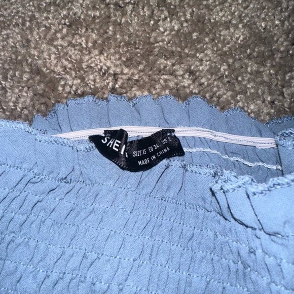 SHEIN Blue Gray Smocked Peplum Blouse with Puff Sleeves - Picture 3 of 3